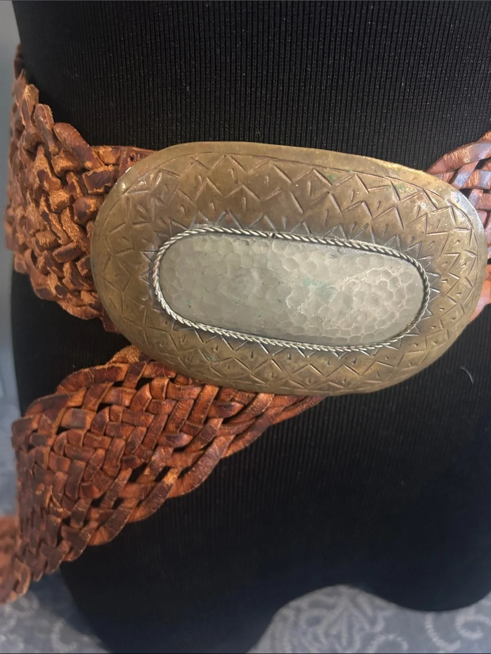 Braided Leather Waist Belt with Antique Brass Hammered Buckle - Brown